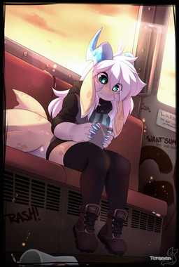 anthro biped claws clothed clothing day detailed_background electronics female hair hoodie horn inside_train legwear phone sitting sky solo sunset tail thigh_highs topwear train vehicle white_hair window conditional_dnp teranen mythology nami_(teranen) aquatic dragon hybrid mythological_creature mythological_scalie scalie 2019 better_version_at_source digital_media_(artwork) hi_res