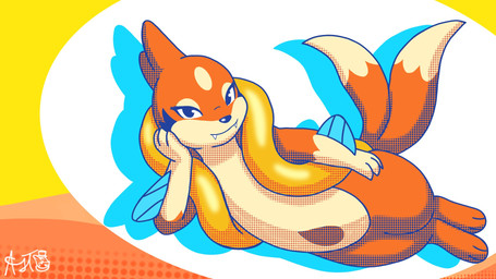 2_tails 3_fingers 3_toes ambiguous_gender anthro arm_fin biped countershading eye_spots fangs feet fin fingers front_view geometric_background hand_on_cheek lidded_eyes looking_at_viewer lying multi_tail on_side orange_body paws simple_background smile smiling_at_viewer snout solo tail tan_body teeth toes fulgito_ast nintendo pokemon floatzel generation_4_pokemon pokemon_(species) 16:9 digital_drawing_(artwork) digital_media_(artwork) hi_res screentone shaded signature spanish_description widescreen