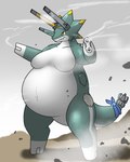 anthro anthrofied belly crossgender female green_body gun_arm mtf_crossgender obese overweight solo yellow_eyes nextcypress bandai_namco digimon digimon_ghost_game ceratopsian digimon_(species) dinosaur ornithischian prehistoric_species reptile scalie triceratops wezengammamon 4:5