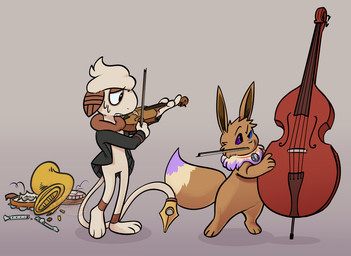 ambiguous_gender anthro bodily_fluids bowed_string_instrument broken_instrument broken_object cello clothing duo flute jacket jewelry musical_instrument necklace nervous nervous_sweat percussion_instrument string_instrument sweat tambourine topwear violin violin_bow wind_instrument woodwind_instrument eclairscollection nintendo pokemon eevee generation_1_pokemon generation_2_pokemon pokemon_(species) smeargle