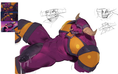 abs anthro armor balls big_penis black_penis bodily_fluids cum cum_drip dripping facial_piercing genital_fluids genitals humanoid_genitalia humanoid_penis king lying male male_anthro muscular muscular_anthro muscular_male narrowed_eyes nose_piercing nose_ring on_back open_mouth orange_armor pecs penis piercing purple_balls purple_body ring_piercing royalty septum_piercing septum_ring solo darkgem lego lego_monkie_kid mythology demon_bull_king bovid bovine cattle demon dragon mammal mythological_creature mythological_scalie scalie partially_colored sketch_page