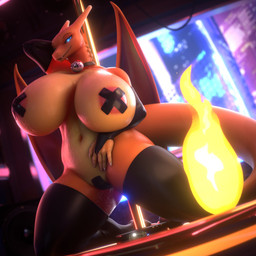 anthro areola armwear big_breasts black_armwear black_bridal_gauntlets black_clothing black_latex black_legwear black_thigh_highs blue_eyes breasts bridal_gauntlets clothing collar dancing female fire flaming_tail huge_breasts latex latex_armwear latex_bridal_gauntlets latex_clothing latex_legwear latex_thigh_highs legwear maebari membrane_(anatomy) membranous_wings nipple_tape orange_body pasties pink_areola pokeball pokeball_collar pole pole_dancing solo stripper stripper_pole tail tape thick_thighs thigh_highs wide_hips wings vllrukkin valorlynz_(modeler) nintendo pokemon yuki_(evov1) yukizard_(evov1) charizard generation_1_pokemon pokemon_(species) 1:1 2025 3d_(artwork) blender_(artwork) digital_media_(artwork) hi_res