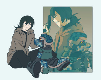 anthro armor black_hair clothing duo gun hair handgun headgear helmet jacket male military pistol ponytail ranged_weapon rifle size_difference soldier topwear warrior weapon aoko_san bandai_namco digimon digimon_beatbreak haruomi_sone commandramon digimon_(species) human mammal scalie hi_res