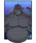 black_body black_sclera grin looking_at_viewer male musclegut muscular overweight overweight_male sharp_teeth simple_background smile solo spikes spikes_(anatomy) teeth c_andreartz godzilla_(series) toho godzilla kaiju scalie 2021 absurd_res digital_media_(artwork) hi_res