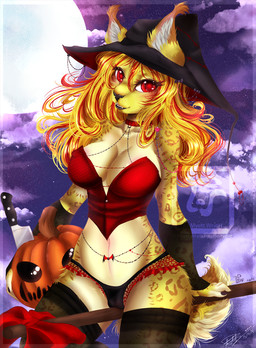 anthro arm_warmers armwear biped blonde_hair breasts camel_toe clothed clothing collar fangs female food fruit hair half-closed_eyes hat headgear headwear inner_ear_fluff jack-o'-lantern knife legwear looking_at_viewer multicolored_hair narrowed_eyes navel open_mouth outside panties plant pumpkin sitting smile solo spots teeth thigh_highs tuft two_tone_hair underwear witch_hat myett-wrath felid feline lynx mammal vampire hi_res
