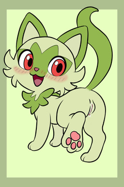 blush bodily_fluids feet female feral foot_focus genital_fluids genitals green_body happy open_mouth pawpads paws presenting presenting_vulva simple_background solo vulva riolu_explorer nintendo pokemon felid feline generation_9_pokemon mammal pokemon_(species) sprigatito 2:3 absurd_res hi_res