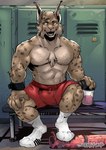 anthro bottomwear clothing footwear locker_room male muscular muscular_male paws shorts socks solo spots white_clothing white_footwear white_socks scrappyvamp pylon_(dangerpylons) felid feline lynx mammal absurd_res hi_res