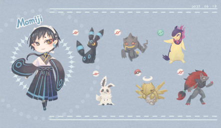 accessory alternate_form ambiguous_gender beads biped black_body black_eyes black_fur black_hair chibi clothed clothing ear_piercing ear_ring feral fur group hair halo headband looking_at_viewer magatama mane multicolored_body multicolored_fur piercing pointy_ears pokeball pupils purple_body quadruped red_mane red_sclera ring_piercing short_hair tan_body teal_body teal_fur text two_tone_body two_tone_fur white_body white_fur yellow_pupils yellow_sclera zipper zipper_mouth iimia nintendo pokemon momiji_(iimia) banette eevee eeveelution generation_1_pokemon generation_2_pokemon generation_3_pokemon generation_5_pokemon generation_7_pokemon generation_8_pokemon hisuian_form hisuian_typhlosion humanoid mimikyu pokemon_(species) regional_form_(pokemon) shedinja shiny_pokemon umbreon zoroark 2025 character_name dated digital_drawing_(artwork) digital_media_(artwork) english_text model_sheet story story_in_description