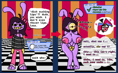accessory anthro big_breasts bimbofication body_modification bow_(feature) breast_expansion breasts checkered checkered_floor clothing clothing_removed covering covering_crotch duo expansion female forced hair_accessory hair_ribbon huge_breasts humiliation hyper hyper_lips identity_death inner_monologue lips nude nude_anthro nude_female ribbons solo striped_wall text thick_lips thinking transformation pinkyjane glitch_productions instant_loss_2koma the_amazing_digital_circus gooseworx's_post-transition_jax_design jax_(tadc) pomni_(tadc) animal_humanoid humanoid lagomorph lagomorph_humanoid leporid mammal mammal_humanoid rabbit comic english_text