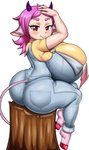 big_breasts big_butt blush breasts butt clothed clothing female hair huge_breasts looking_back pink_hair short_stack solo tree_stump gray_impact jackie_moo animal_humanoid bovid bovid_humanoid bovine bovine_humanoid cattle_humanoid humanoid mammal mammal_humanoid absurd_res hi_res