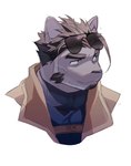 anthro black_body black_fur black_hair clothing eyewear eyewear_on_head facial_hair fur hair male solo sunglasses sunglasses_on_head sweater topwear turtleneck wasp_(artist) lifewonders live_a_hero tsuneaki domestic_cat felid feline felis mammal bust_portrait hi_res portrait