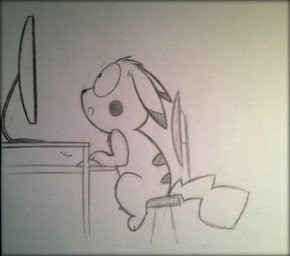 ambiguous_gender big_eyes bodily_fluids chair computer computer_mouse dipstick_ears ear_markings ears_back electronics feet feral frown furniture long_ears monitor multicolored_ears pivoted_ears scared semi-anthro side_view simple_background sitting solo sweat toony avoid_posting kippykat nintendo pokemon generation_1_pokemon pikachu pokemon_(species) greyscale hi_res monochrome sketch traditional_media_(artwork)