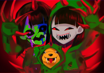 ambiguous_gender black_hair bob_cut clothed clothing fangs female feral green_body group hair hoodie horn open_mouth red_eyes sharp_teeth simple_background smile teeth tongue tongue_out topwear trio tusks white_body usagimarumei ena:_dream_bbq ena_(series) ena_(dream_bbq) green_ena hourglass_dog_(ena) unnamed_(ena) canid canine canis domestic_dog ena_(species) humanoid mammal monster digital_media_(artwork) hi_res