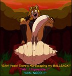 2022 anthro anthro_pred archie_comics balls big_balls big_penis canid canine canis caption cock_vore crouching dialogue digestion digital_media_(artwork) domestic_dog failed_attempt female female_prey forest fully_inside genitals group half-erect hi_res huge_balls huge_penis hyper hyper_balls hyper_genitalia hyper_penis male male/female male_pred mammal nicole_the_lynx offscreen_character outside penile penis plant sally_acorn same_size_vore sega sequence sitting_on_stump sonic_the_hedgehog_(archie) sonic_the_hedgehog_(comics) sonic_the_hedgehog_(series) spazman struggling talking_to_another talking_to_prey taunting tree tree_stump trio vore