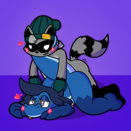 anthro anthro_on_anthro anthro_penetrated anthro_penetrating anthro_penetrating_anthro ass_up black_body black_fur black_inner_ear black_nose blep blue_body blue_penis blue_scales blush clothing doggystyle duo erection eyewear eyewear_only facial_markings from_behind_position fur genitals glans glasses glasses_only gloves_(marking) grey_body grey_fur grey_hair hair hat head_markings headgear headwear heart_symbol humanoid_genitalia humanoid_penis interspecies leg_markings male male/male male_penetrated male_penetrating male_penetrating_male markings mask_(marking) mostly_nude nude penetration penis pink_glans pupils purple_background purple_eyes scales sex sharp_teeth simple_background socks_(marking) striped_body striped_fur striped_markings striped_tail stripes tail tail_markings teeth text text_on_clothing text_on_hat text_on_headwear tongue tongue_out wearing_glasses nsfsunflower trick_(tricktrashing) ulti_(ultilix) lizard mammal procyonid raccoon reptile scalie 1:1 2026 absurd_res hi_res japanese_text