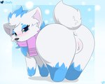 anus big_butt blush body_blush butt clothing female feral fur genitals looking_at_viewer looking_back nude pussy pussy_blush scarf simple_background solo tail white_body cloufy nintendo pokemon generation_5_pokemon mammal pokemon_(species) zorua 5:4 digital_media_(artwork) hi_res