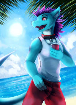 anthro beverage black_eyebrows blue_body blue_sky bottomwear clothed clothing collar day detailed_background eyebrows glistening glistening_eyes hair holding_beverage holding_object male open_mouth open_smile outside purple_hair red_bottomwear red_clothing red_collar red_eyes sky smile solo standing sun tail tapering_tail topwear water white_clothing white_topwear kuttoyaki mythology dragon mythological_creature mythological_scalie scalie hi_res portrait three-quarter_portrait