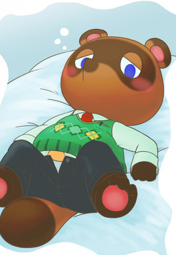 anthro bed belly blush bottomwear brown_body brown_fur clothing fur furniture humanoid_hands male pants shirt slightly_chubby solo topwear sakusan_kc animal_crossing nintendo tom_nook_(animal_crossing) canid canine mammal raccoon_dog tanuki 2015 hi_res