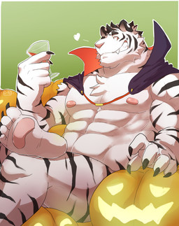 5_fingers 5_toes abs anthro beverage biceps biped black_stripes chest_tuft cloak clothing costume feet fingers food fruit fur glowing green_background grin heart_symbol holidays jack-o'-lantern male mantle muscular muscular_anthro muscular_male nipples orange_eyes pawpads pecs plant pumpkin simple_background sitting smile solo stripes toes tuft white_body white_fur o-ro halloween felid mammal pantherine tiger vampire hi_res