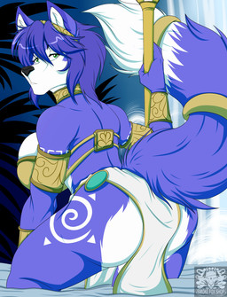 accessory anthro arm_guards bandeau big_breasts big_butt big_nose biped black_nose blue_body blue_fur blue_hair blue_tail bottomwear breasts butt choker circlet clothed clothed_anthro clothed_female clothing countershade_face countershade_fur countershade_torso countershading crown detailed_background dipstick_tail eyebrows eyelashes female female_anthro fingers fur gold_(metal) green_eyes hair hair_accessory hairband headgear holding_object holding_weapon huge_breasts huge_butt jewelry krystal's_staff light loincloth looking_back markings melee_weapon metal moon moonlight multicolored_body multicolored_clothing multicolored_fur multicolored_tail necklace night outside partially_submerged pointy_ears prick_ears short_hair snout solo staff straps tail tail_markings thin_eyebrows topwear tribal tribal_jewelry tribal_necklace tribal_outfit two_tone_body two_tone_fur warrior water weapon white_body white_bottomwear white_clothing white_countershading white_face white_fur white_loincloth white_tail white_torso drakerogers nintendo star_fox krystal_(star_fox) canid canine fox mammal 2026 absurd_res colored digital_drawing_(artwork) digital_media_(artwork) hi_res