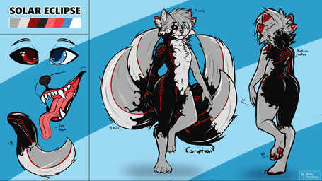 4_ears 4_tails black_latex blue_eyes color_swatch corruption fur grey_body grey_fur latex multi_ear multi_tail red_eyes solo tail text kvnpoulsen solar_eclipse_(character) canid canine canis fox mammal 16:9 digital_media_(artwork) english_text full-length_portrait hi_res model_sheet portrait widescreen