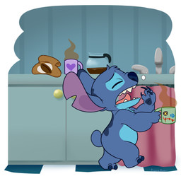4_fingers ambiguous_gender anthro back_markings bag bean beverage biped blue_body blue_claws blue_eyes blue_finger_claws blue_fur blue_markings blue_nose blue_pawpads chest_tuft claws coffee coffee_bean coffee_mug container counter cup curtains ear_markings eyebrows eyes_closed finger_claws fingers frown fur head_markings head_tuft heart_symbol holding_container holding_cup holding_mug holding_object humor inside kitchen markings mug occipital_markings open_frown open_mouth pawpads pink_tongue raised_inner_eyebrows sharp_teeth sink small_tail solo tail teeth tired tongue tuft walking yawn angoraram disney lilo_and_stitch scrump stitch_(lilo_and_stitch) alien experiment_(lilo_and_stitch) 1:1 2026 digital_drawing_(artwork) digital_media_(artwork) english_description signature male_(lore)