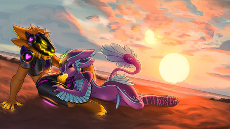 animal_genitalia anthro beach blush bodily_fluids duo fellatio fur genital_fluids genitals glowing glowing_genitalia heart_symbol machine male male/male male_penetrated male_penetrating male_penetrating_male oral oral_penetration orange_body orange_fur penetration penile penis precum purple_body purple_fur seaside sex sheath sunset tapering_penis wings unknown_artist katt_fennix avali avian protogen 16:9 4k absurd_res hi_res widescreen