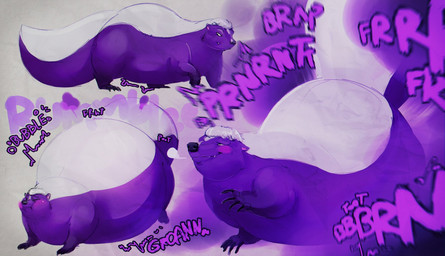 belly big_belly big_tail bloated blush fart fart_cloud fart_denial fart_fetish fart_inflation feral huge_belly inflation male onomatopoeia overweight overweight_male purple_body purple_fart_cloud rumbling_stomach solo sound_effects tail text ruben_sling gon_(series) kungka mammal mephitid skunk striped_skunk english_text hi_res