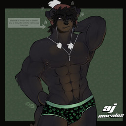 abs anthro armpit_hair black_body black_coded black_fur body_hair bracelet briefs brown_eyes clothing cross cross_necklace docked_tail dreadlocks drugs facial_hair fur hand_behind_head hat headgear headwear jewelry male marijuana muscular muscular_male mustache necklace nipple_piercing nipples nub_tail pattern_clothing pattern_underwear pecs piercing pubes short_tail solo tail text underwear cerberussenn aj_morales_(cerberussenn) canid canine canis domestic_dog mammal mastiff molosser rottweiler 1:1 absurd_res english_text hi_res huge_filesize signature