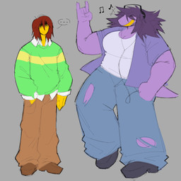 anthro big_breasts breasts duo electronics female hair headphones larger_anthro larger_female male messy_hair muscular muscular_female musical_symbol purple_body size_difference smile standing symbol tail teeth yellow_teeth kunart deltarune undertale_(series) kris_dreemurr susie_(deltarune) human mammal scalie 1:1 absurd_res hi_res