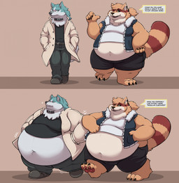 2_panel_comic anthro barefoot before_and_after belly belly_overhang belt big_belly big_moobs black_sclera blue_body blue_eyes blue_fur bottomwear canon_x_oc chubby_cheeks claws clothing coat collar compliment date duo ear_piercing elbow_nudge facial_markings feet footwear fur gesture hair hand_gesture hand_in_pocket head_markings huge_belly inviting jacket looking_at_another male male/male markings mask_(marking) moobs mutual_weight_gain navel neck_tuft obese obese_anthro obese_male orange_body orange_fur overweight overweight_anthro overweight_male pants pawpads piercing pockets pointing ponytail ring_(marking) ringed_tail role_reversal shoes shorts simple_background speech_bubble striped_markings striped_tail stripes tail tail_markings talking_to_another tan_background topwear tuft undersized_clothing undersized_topwear walking weight_difference weight_gain white_body white_fur winking_at_another yellow_eyes gritzoz brand_new_animal studio_trigger jericho_(jerichuwu) shirou_ogami canid canine canis mammal raccoon_dog tanuki wolf 2023 absurd_res alternate_version_at_source hi_res