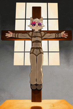 altar anthro bdsm blank_expression blood blood_on_hand bodily_fluids bondage_gear bottomwear christian_cross christian_symbol clothed clothing cross crucifix crucifixion crucifixion_pose divine fingers fur hair looking_at_viewer male pink_hair pink_nose red_eyes religion religious_symbol restraints straitjacket tailless topwear white_body white_fur kawasakiwind christianity mikhail_(kawasakiwind) canid canine mammal digital_drawing_(artwork) digital_media_(artwork) hi_res
