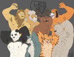 abs anthro antlers arm_tattoo armpit_hair biceps black_body black_fur body_hair brown_body brown_fur chest_tattoo cigarette cigarette_in_mouth claws countershading eye_scar eyewear facial_scar flexing fur glasses grey_body grey_fur group horn male multicolored_body multicolored_fur muscular muscular_anthro muscular_male nipples object_in_mouth orange_body pecs scar shirtless simple_background stripes tan_body tan_fur tattoo whiskers white_body white_fur jabuhusky beastars illumination_entertainment one_piece sing_(movie) bill_(beastars) clay_calloway_(sing) dolph_(beastars) duke_dogstorm gouhin_(beastars) ibuki_(beastars) legoshi_(beastars) oguma_(beastars) riz_(beastars) bear bengal_tiger brown_bear canid canine canis cervine deer domestic_dog felid giant_panda lion mammal pantherine red_deer tiger ursine wolf 2022