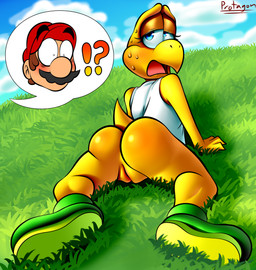 anthro being_watched blue_eyes blush bodily_fluids bottomless butt clothed clothing cloud day duo facial_hair female female_focus footwear genitals grass half-closed_eyes hat headgear headwear interrobang looking_at_another male narrowed_eyes outside plant shell-less speech_bubble sweat vulva wide_eyed protagon mario_bros nintendo mario human koopa koopa_troopa mammal scalie 2019 absurd_res hi_res signature