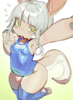 anthro blue_clothing blue_swimwear blush bodily_fluids breasts brown_body brown_fur clothing eyelashes female flying_sweatdrops fur gradient_background grey_hair hair horizontal_pupils legwear looking_at_viewer navel_outline on_one_leg one-piece_swimsuit pawpads pose pupils raised_arm school_swimsuit simple_background small_breasts solo standing stirrup_legwear stirrup_stockings stockings sweat sweatdrop swimwear tail thick_eyelashes thick_thighs thigh_highs three-quarter_view tongue tongue_out whiskers yellow_eyes imaspacebar jianpan_xiafang_de_da_kongge made_in_abyss nanachi lagomorph leporid mammal narehate rabbit 2025 absurd_res digital_media_(artwork) hi_res portrait three-quarter_portrait