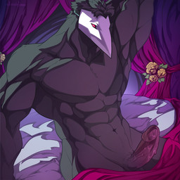 abs anthro bed bed_sheet bedding biceps black_body black_hair bodily_fluids curtains erection flower furniture genitals hair male mask muscular muscular_anthro muscular_male navel nude pecs penis plant red_eyes solo vein veiny_penis yeensinjeans deltarune undertale_(series) avian darkner swatchling 1:1