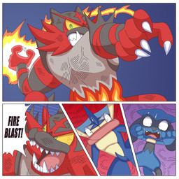 ambiguous_gender anthro blue_body blue_fur dialogue fur long_tongue muscular muscular_anthro red_body red_fur solo teeth text tongue tongue_out ragster_(artist) nintendo pokemon amphibian canid canine felid generation_4_pokemon generation_6_pokemon generation_7_pokemon greninja incineroar mammal pokemon_(species) riolu 1:1 comic digital_media_(artwork) english_text hi_res