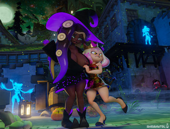 accident accidental_exposure areola big_breasts big_hat black_clothing black_dress black_footwear black_shoes breasts brown_areola brown_hair brown_nipples cleavage clothed clothing cross_pupils crown dark_body dark_skin dress duo female footwear front_view genitals green_eyes hair hat headgear headwear holidays horizontal_pupils huge_breasts long_hair multicolored_hair nipple_dip nipples no_underwear one_breast_out open_mouth pink_hair pupils purple_hair short_hair tan_body tan_hair tan_skin thick_thighs two_tone_hair upskirt vulva wide_hips witch_hat yellow_clothing yellow_dress yellow_eyes antidotetrl halloween nintendo splatoon marina_(splatoon) pearl_(splatoon) animal_humanoid cephalopod cephalopod_humanoid humanoid inkling marine marine_humanoid mollusk mollusk_humanoid octarian octoling octopus_humanoid squid_humanoid 3d_(artwork) digital_media_(artwork) hi_res