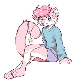 anthro blue_eyes bottomwear clothing fur inner_ear_fluff male pink_body pink_fur shirt shorts sitting smile smiling_at_viewer solo topwear tuft cabysoft domestic_cat felid feline felis mammal hi_res