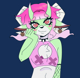 anthro armwear clothing clover_(artbubba) collar ear_piercing eyelashes femboy fishnet_armwear fishnet_clothing fur green_body green_fur horn male piercing solo spiked_collar spikes tape_over_nipples witchpanda bovid caprine demon goat mammal absurd_res animated animated_gif hi_res short_playtime