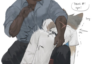 5_fingers accessory adolescent adult_on_adolescent anthro arm_scar belt bent_over bent_over_knee black_belt black_bottomwear black_clothing black_pants blue_necktie bottomwear butt_slap clothed clothed_anthro clothed_male clothing corporal_punishment dialogue dominant dominant_male duo fingers fur gloves_(marking) grey_body grey_fur hip_grab impact_lines larger_dom male male/male markings motion_lines muscular muscular_anthro muscular_male necktie older_dom_younger_sub palm_spanking pants raised_tail scar school_uniform shirt simple_background size_difference slap sound_effects spanking speech_bubble submissive submissive_male submissive_young tail text topwear uniform white_background white_bottomwear white_clothing white_pants white_shirt white_topwear young young_anthro young_male laggy_(artist) kyle_(laggy) canid canine canis coyote mammal 2025 english_text hi_res