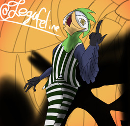anthro background_smoke beak big_beak clothed clothed_anthro clothed_male clothing cosplay costume feathered_wings feathers food fruit gesture halloween_costume hand_gesture happy holidays male middle_finger open_beak open_mouth plant pumpkin solo wings legu_lefelin beetlejuice halloween sabos_shoebill avian bird pelecaniform shoebill stork