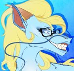 blonde_hair blue_body blue_fur eyewear fangs female feral fur glasses hair horn solo teeth bumblewish_(artist) mythology dragon mythological_creature mythological_scalie scalie headshot_portrait hi_res portrait