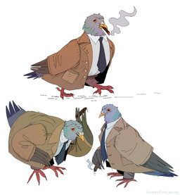 accessory avian_feet beak black_necktie cigar clothed clothing coat collared_shirt feathers feral grey_body grey_feathers holding_cigar holding_object iridescent_feathers male multiple_angles necktie orange_eyes shirt simple_background smoking smoking_cigar solo text topwear trenchcoat white_background wings yellow_beak leona-florianova columbo_(series) columbo avian bird columbid pigeon rock_dove artist_name hi_res