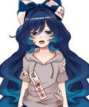 blue_eyes blue_hair blush clothing female hair headgear headwear hoodie human_only not_furry open_mouth simple_background solo text text_on_clothing text_on_headwear text_on_hoodie text_on_topwear topwear white_background toribako touhou shion_yorigami human mammal 2018 digital_media_(artwork) japanese_text live2d_cubism_(artwork)