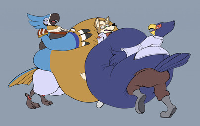 2_toes 4_fingers anklet anthro belly belly_smother belly_squish between_bellies big_belly big_hands blue_belly blue_body blue_feathers boots bottomless bottomwear brown_bottomwear brown_clothing brown_pants clothed clothing feather_hands feathers feet fingers footwear fully_clothed green_eyes grey_background grey_boots grey_clothing grey_footwear grey_jacket grey_topwear group hand_on_own_belly holding_belly huge_belly hyper hyper_belly inner_ear_fluff jacket jewelry male open_mouth open_smile orange_belly pants red_scarf scarf shoes side_view simple_background smile squish standing surprised tail tail_feathers talons tan_body toes tongue topwear trio tuft white_boots white_clothing white_footwear white_scarf yellow_eyes saphiros breath_of_the_wild nintendo star_fox the_legend_of_zelda falco_lombardi fox_mccloud kass_(tloz) avian bird canid canine fox mammal rito 2021 digital_media_(artwork)