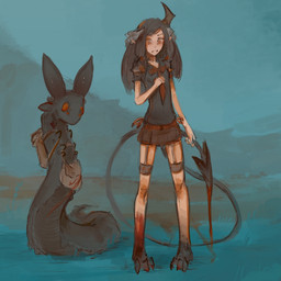 accessory ambiguous_gender backpack bag black_hair blood bodily_fluids bottomwear breasts broken_horn clothed clothing duo female feral garter_straps hair hair_accessory hair_tie holding_tail horn humanoid_pointy_ears long_hair long_legs miniskirt neck_bow nervous orange_eyes pointy_ears skirt small_breasts small_waist spade_tail standing tail syvaron avy_(syvaron) demon demon_humanoid familiar humanoid 1:1