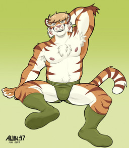 anthro arm_tuft armpit_tuft belly blonde_hair brown_body brown_fur brown_stripes cheek_tuft chest_tuft clothing confident countershading elbow_tuft facial_tuft footwear fur gradient_background green_background green_clothing green_footwear green_jockstrap green_socks green_underwear hair hand_behind_head inner_ear_fluff jockstrap looking_at_viewer male male_anthro markings muscular muscular_male nipples orange_body orange_fur orange_inner_ear_fluff partially_clothed_male pecs pink_nipples pink_nose raised_arm short_hair shoulder_tuft simple_background sitting sitting_on_ground slightly_chubby slightly_chubby_male smile socks solo striped_markings striped_tail stripes tail tail_markings text tuft underwear whisker_spots whiskers white_body white_fur alibi_47 cy_the_golden_tiger felid mammal pantherine tiger 2025 artist_name cel_shading dated hi_res shaded signature