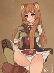 bottomwear brown_background brown_hair clothed clothing clothing_lift female hair long_hair looking_at_viewer panties purple_eyes simple_background skirt skirt_lift smile solo underwear conditional_dnp fluff-kevlar the_rising_of_the_shield_hero raphtalia animal_humanoid canid canid_humanoid canine canine_humanoid humanoid mammal mammal_humanoid tanuki_humanoid 2019 digital_media_(artwork)