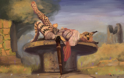 ambiguous_gender anthro armor biped black_text brown_eyes clothed clothing day fingers fur hair holding_melee_weapon holding_object holding_weapon knight lying medieval melee_weapon mouth_closed on_back outside plant pose pupils raised_leg scabbard sky solo text tree warrior weapon white_sclera leprzil pan_(leprzil) felid feline lynx mammal 2025 artist_name english_text hi_res male_(lore)